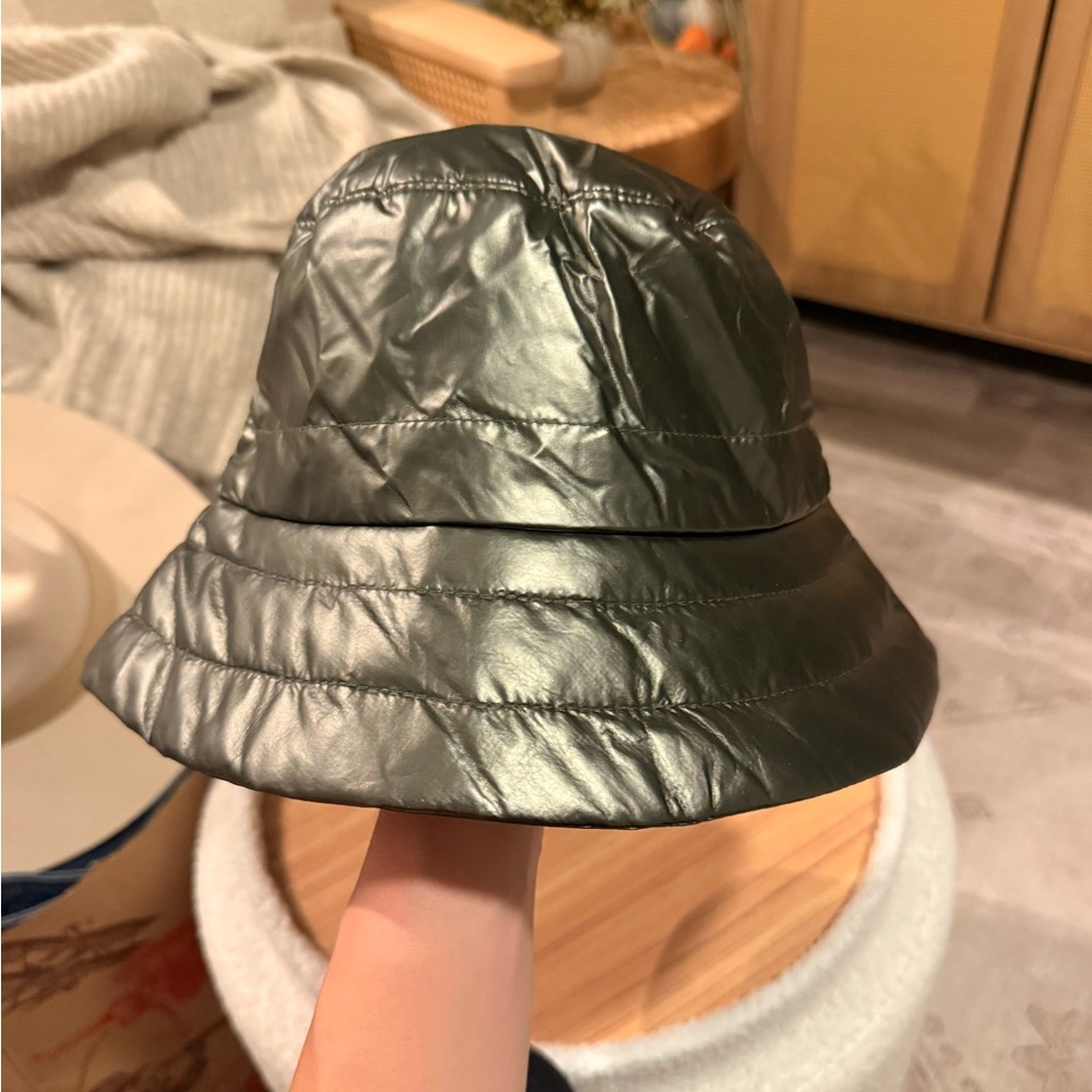 Quilted Faux Leather Bucket Hat in Dark Gray Metallic